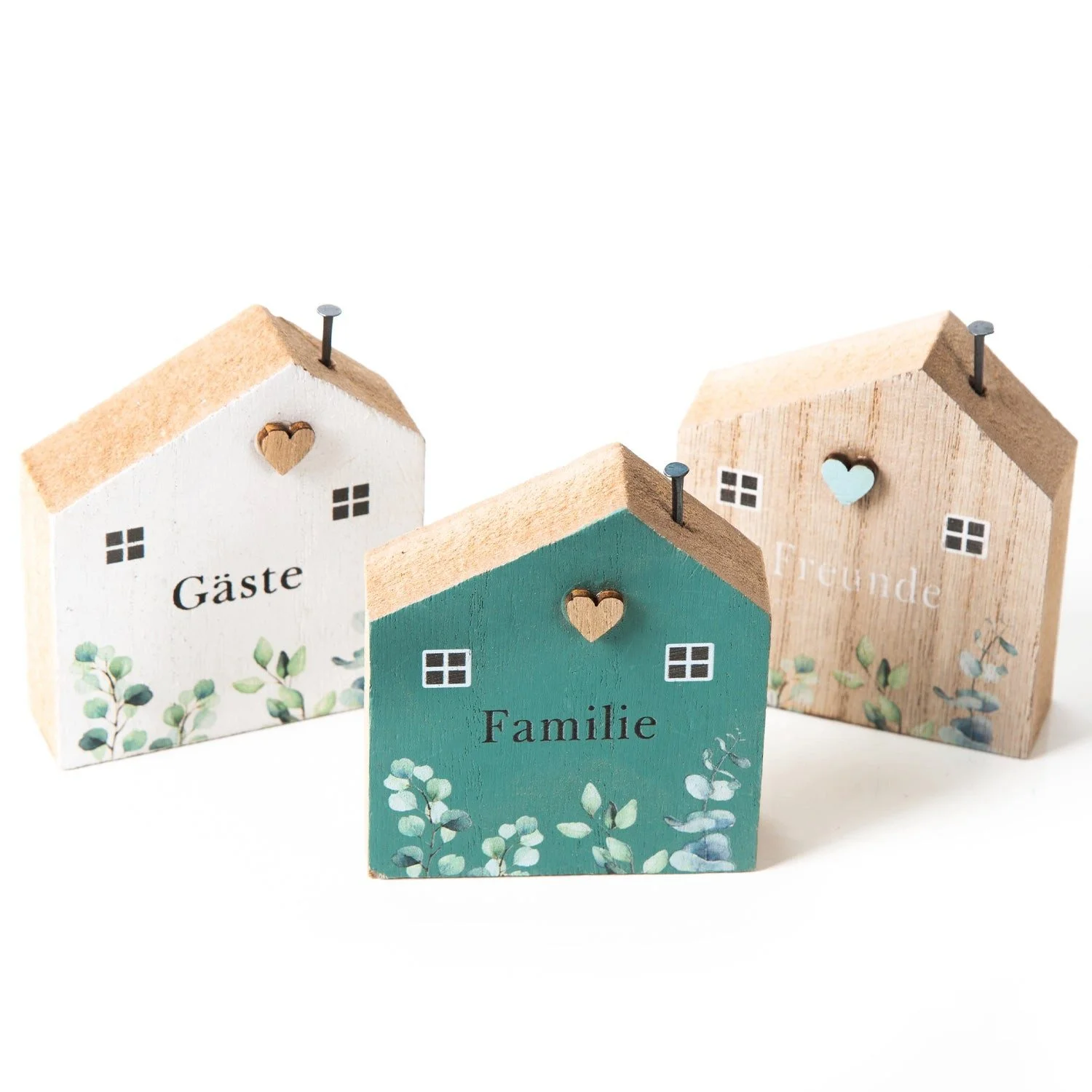 Deko-Holzhäuser „Familie • Freude • Glück“ – 3er-Set